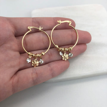 18K Gold Layered Oro Laminado 25 mm Cylinder Hoops with Flower Clear CZ Drop 21.0339/1